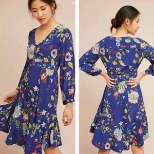 UEC Anthropologie Maeve Long Sleeve BRIGHT BLUE Floral Fit & Flare Dress SZ S